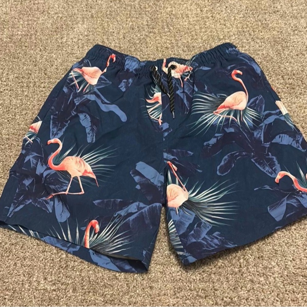Ocean Current Flamingo Print Swim Trunks - Navy and Pink